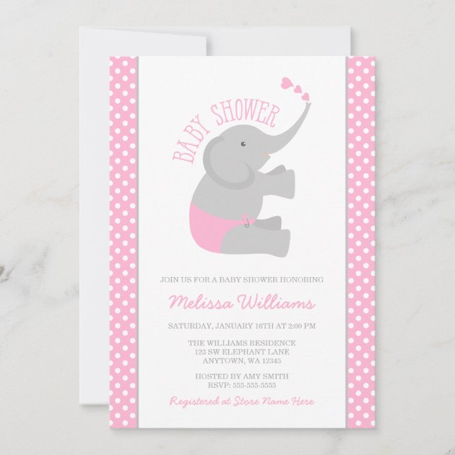 Sweet Pink Gray Elephant Baby Shower Invitations (Front)