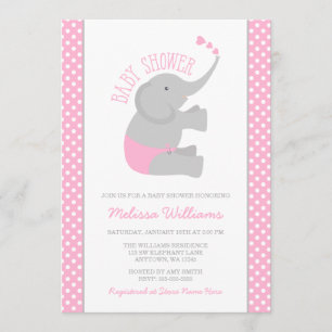 Sweet Pink Gray Elephant Baby Shower Invitations