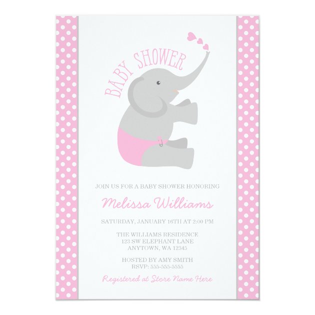Sweet Pink Gray Elephant Baby Shower Invitations