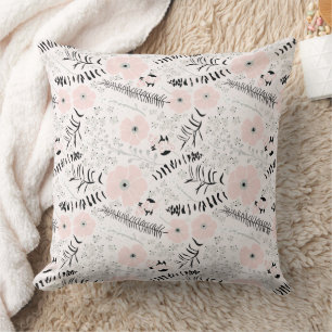 Sweet Pink Gray Floral Pattern Throw Pillow