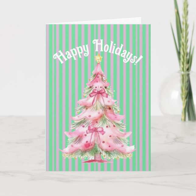 Sweet Pink Green Christmas Tree Personalized  Card (Front)