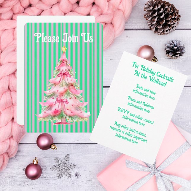 Sweet Pink Green Christmas Tree Personalized  Invitation (Start planning your parties!)