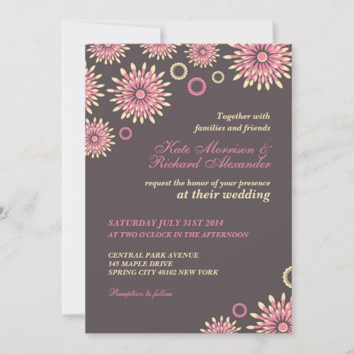 Sweet Pink Grey Floral Pattern Wedding Invitation