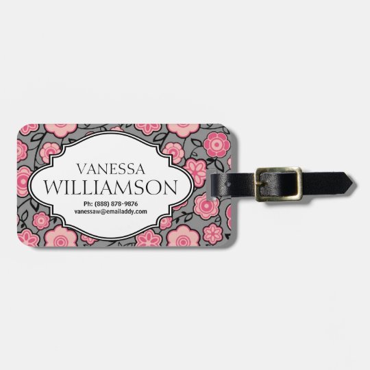 Sweet Pink Grey Personalized Floral Bag Tag
