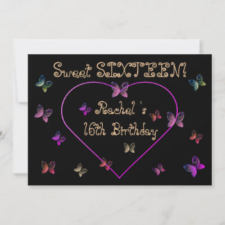 sweet Pink Heart Butterflies Sweet 16 Birthday  Invitation
