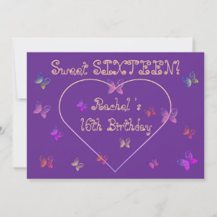 sweet Pink Heart Butterflies Sweet 16 Birthday Invitation