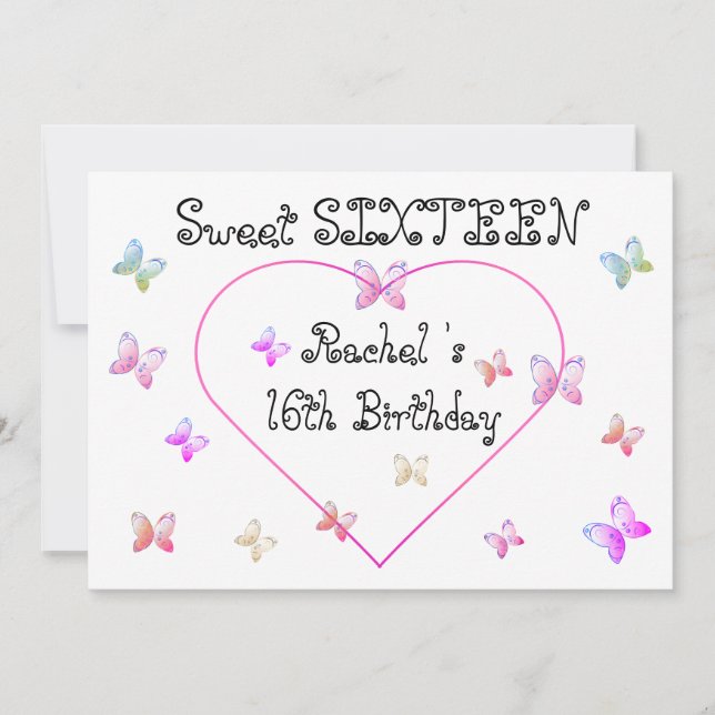 sweet Pink Heart Butterflies Sweet 16 Birthday  Invitation (Front)