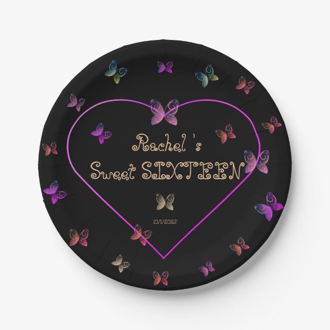 sweet Pink Heart Butterflies Sweet 16 Birthday  Paper Plates (Front)