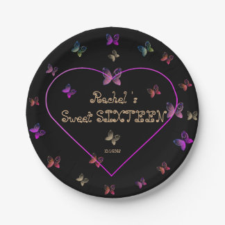 sweet Pink Heart Butterflies Sweet 16 Birthday Paper Plates