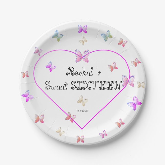 sweet Pink Heart Butterflies Sweet 16 Birthday  Paper Plates (Front)