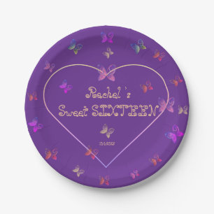 sweet Pink Heart Butterflies Sweet 16 Birthday Paper Plates