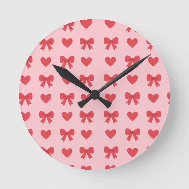 Sweet Pink Hearts & Bows Pattern Round Clock (Front)
