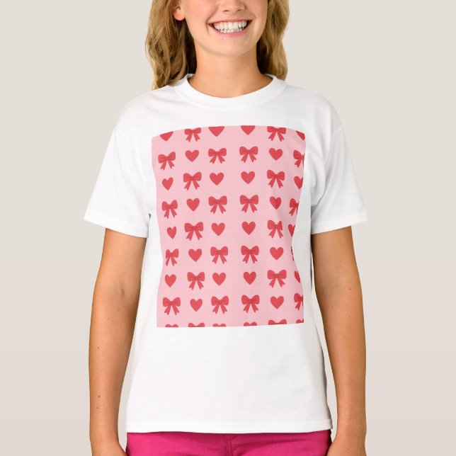 Sweet Pink Hearts & Bows Pattern T-Shirt (Front)