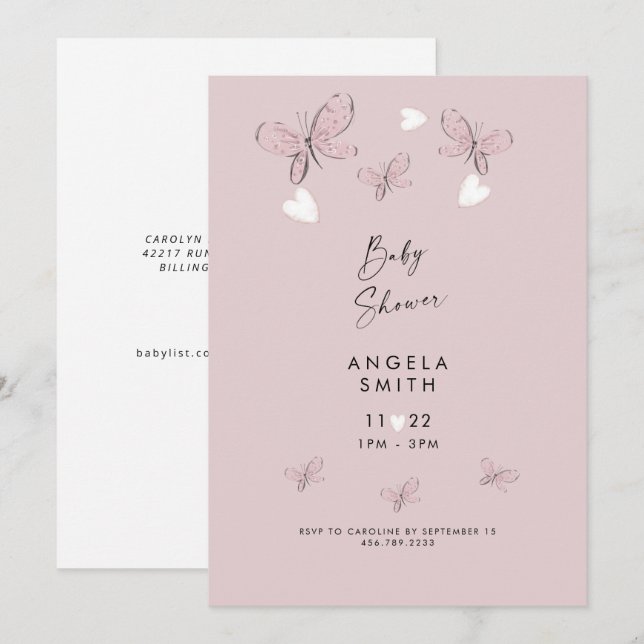Sweet Pink Hearts & Butterflies Baby Girl Shower Invitation (Front/Back)