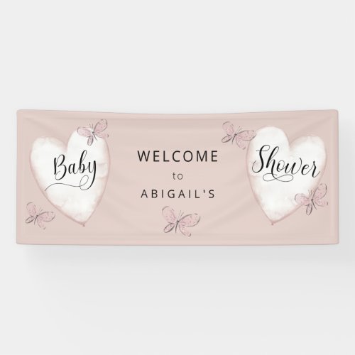 Sweet Pink Hearts Butterflies Baby Shower Welcome  Banner