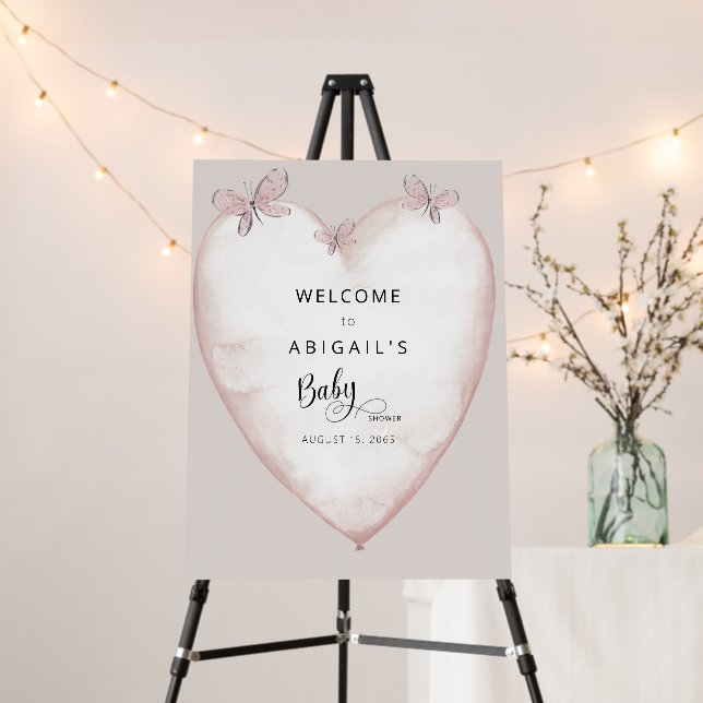 Sweet Pink Hearts Butterflies Baby Shower Welcome  Foam Board (In Situ (Stand))