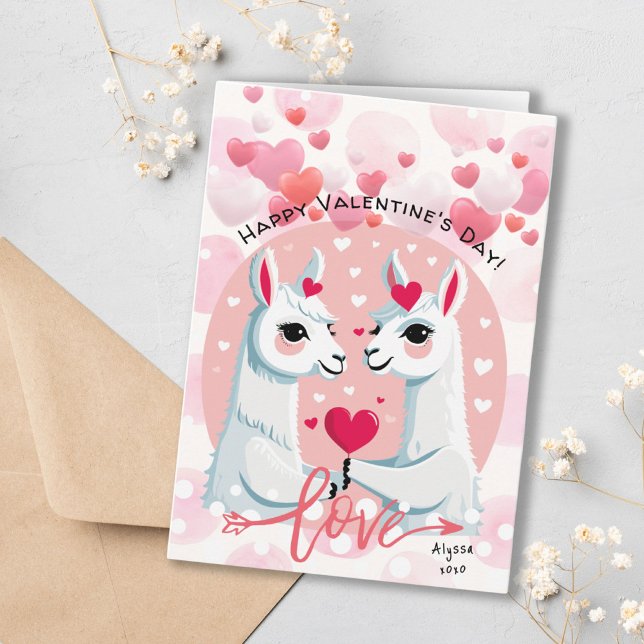 Sweet Pink Hearts Llama Couple Valentine's Day Card (Sweet Pink Hearts Llama Couple Valentine's Day Card)
