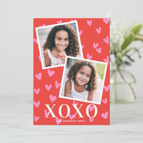 Sweet Pink Hearts XOXO Valentines Day Two 2 Photo Note Card