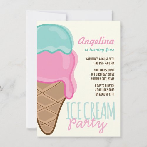 Sweet Pink Ice Cream Girl Birthday Party Invite