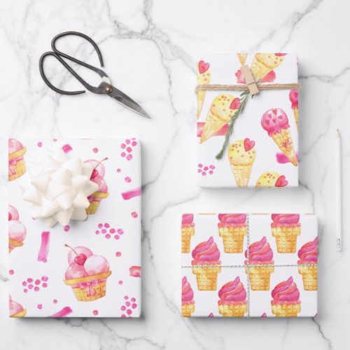 Sweet Pink Ice Cream Wrapping Paper Set of 3