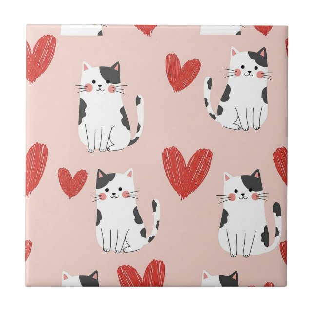 Sweet Pink Kawaii Cats & Hearts Pattern (2) Ceramic Tile (Front)