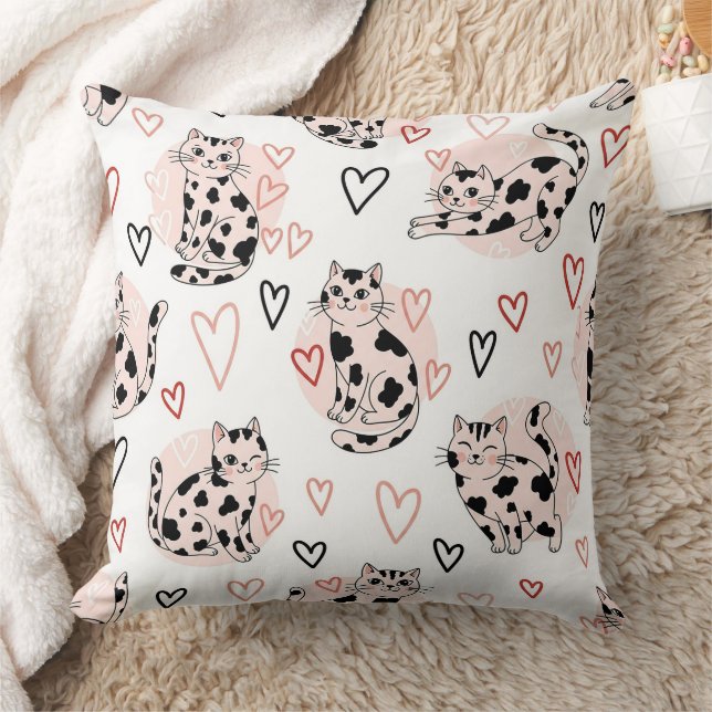 Sweet Pink Kawaii Cats & Hearts Pattern (4) Throw Pillow (Blanket)