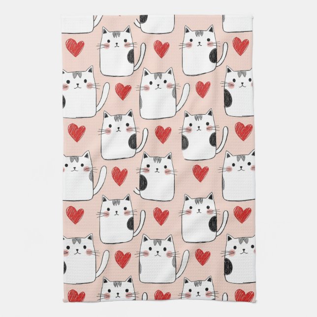 Sweet Pink Kawaii Cats & Hearts Pattern (5) Kitchen Towel (Vertical)