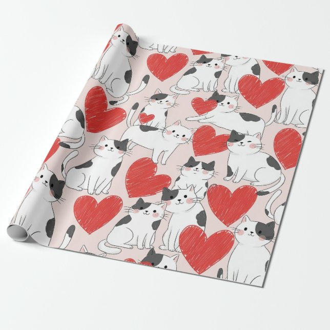Sweet Pink Kawaii Cats & Hearts Pattern (7) Wrapping Paper (Unrolled)