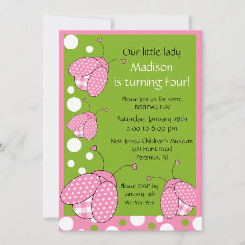 Sweet Pink Ladybug Birthday Invitation