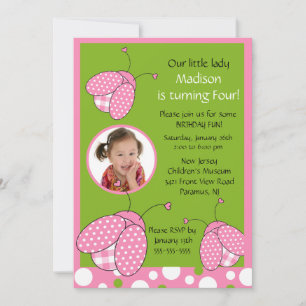 Sweet Pink Ladybug Photo Birthday Invitation