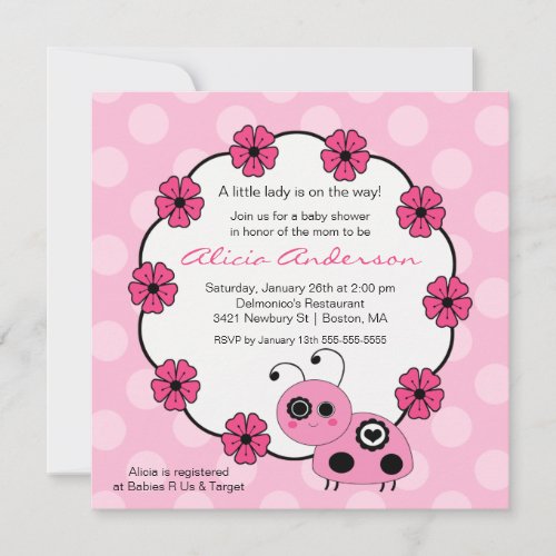 Sweet PINK Ladybugs Baby Shower Invitation