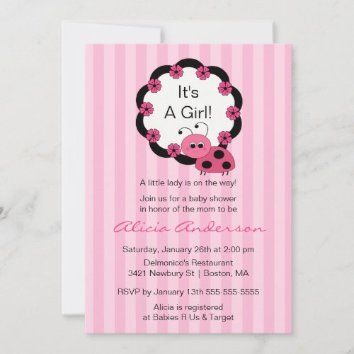 Sweet PINK Ladybugs Baby Shower Invitation