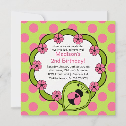 Sweet PINK Ladybugs Birthday Invitation