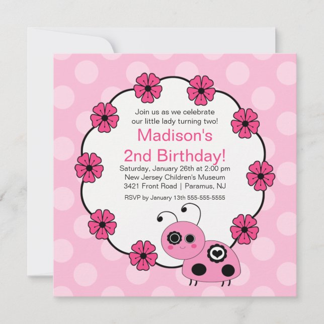 Sweet PINK Ladybugs Birthday Invitation (Front)