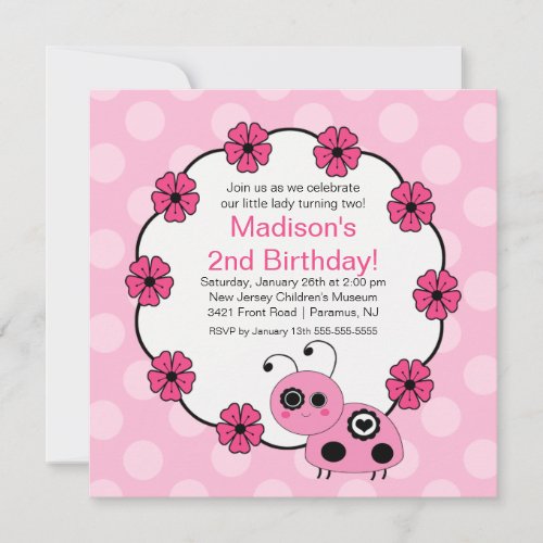Sweet PINK Ladybugs Birthday Invitation