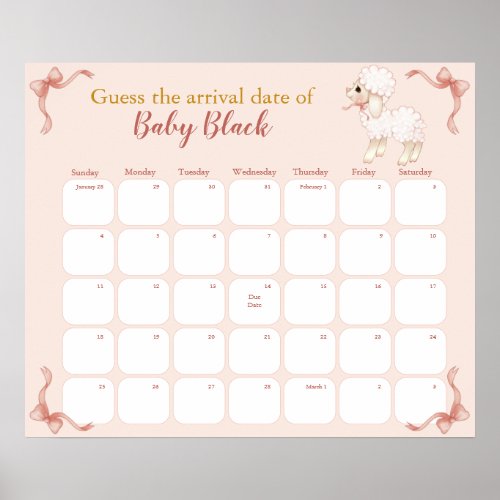 Sweet Pink Lamb Baby Shower Due Date Calendar Poster