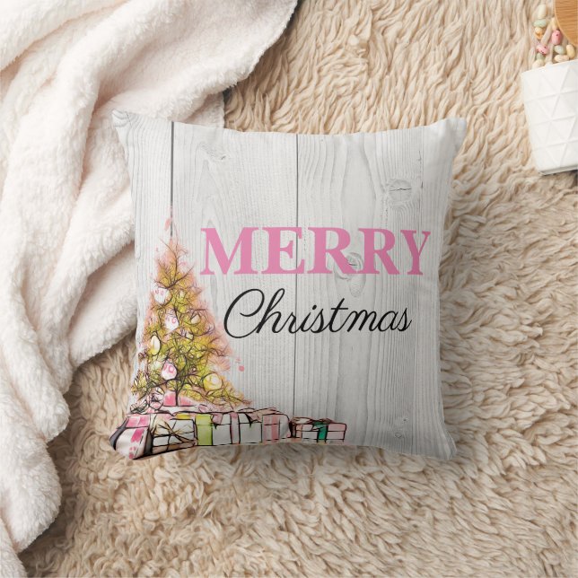 Sweet Pink Merry Christmas Tree & Presents Holiday Throw Pillow (Blanket)