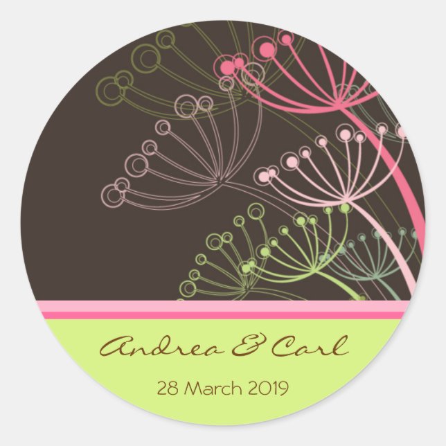 Sweet Pink & Mint Dandelions Wedding Favor Sticker (Front)