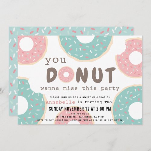 Sweet Pink  Mint Green Sprinkles Donut Birthday Invitation