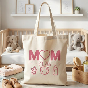 Sweet Pink Mom Est Year Baby Icons Design Tote Bag