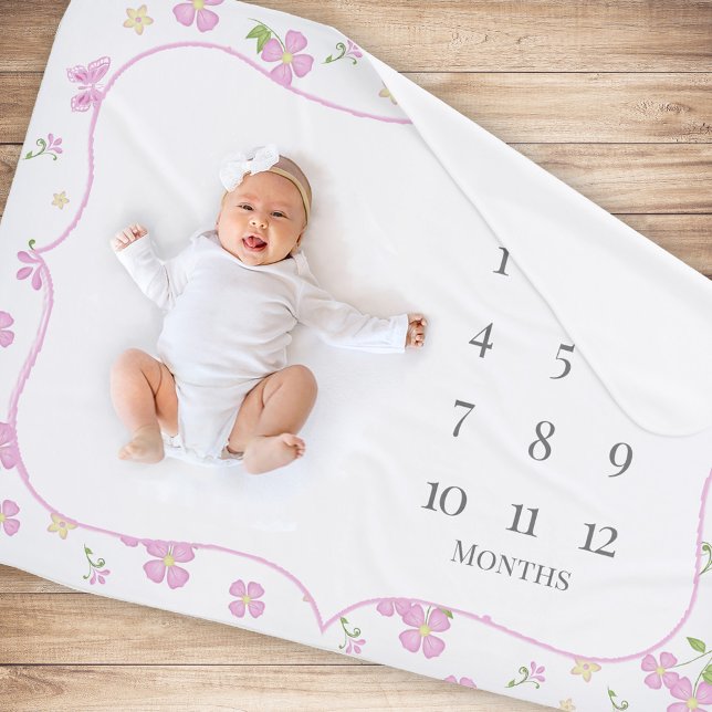 Sweet Pink Monthly Milestone Baby Girl  Baby Blanket (Cute floral months baby calendar blanket)
