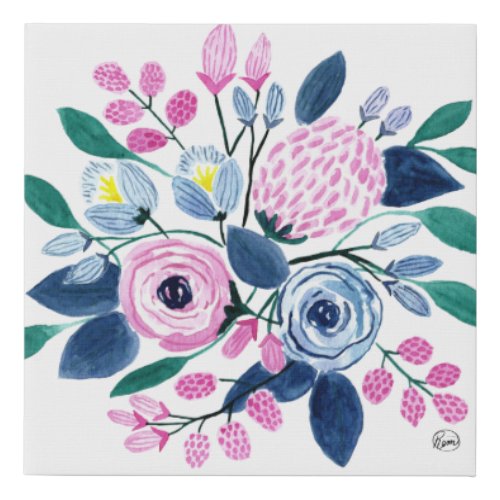 Sweet Pink Navy Flowers Watercolor Art Faux Canvas Print