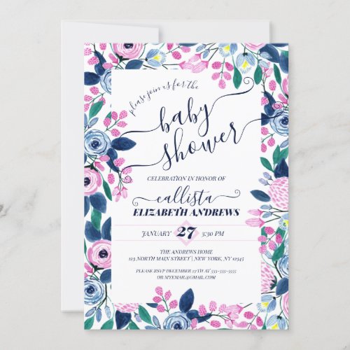 Sweet Pink Navy Flowers Watercolor Baby Shower Invitation