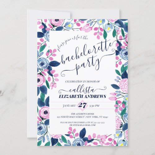 Sweet Pink Navy Flowers Watercolor Bachelorette Invitation