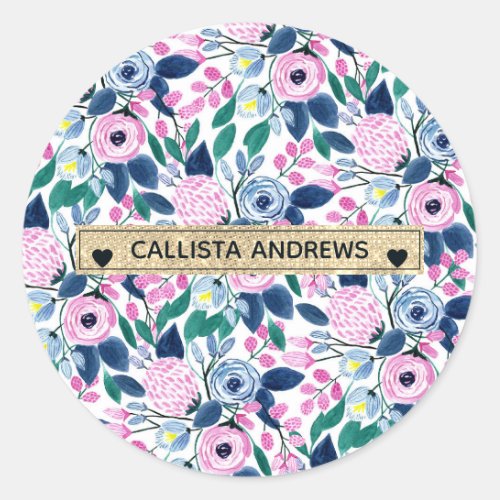 Sweet Pink Navy Flowers Watercolor Gold Monogram Classic Round Sticker