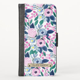 Sweet Pink Navy Flowers Watercolor Gold Monogram iPhone X Wallet Case