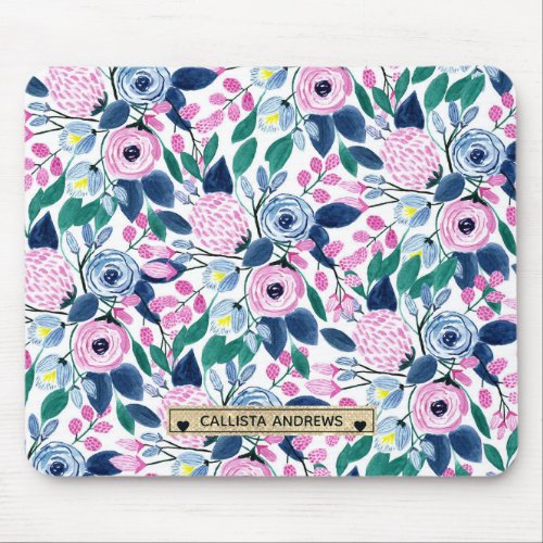 Sweet Pink Navy Flowers Watercolor Gold Monogram Mouse Pad