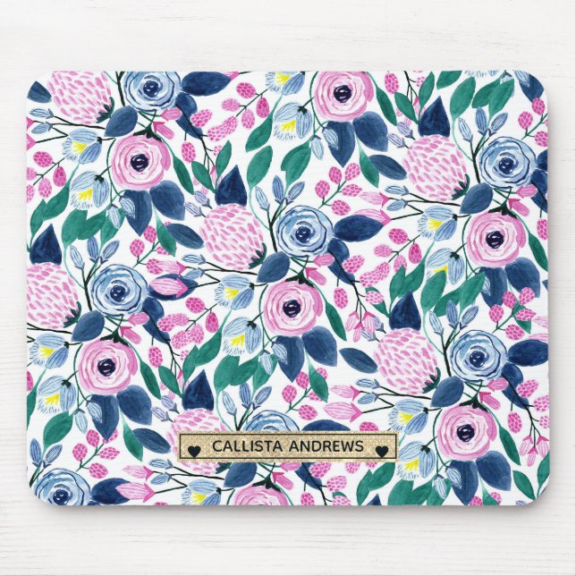 Sweet Pink Navy Flowers Watercolor Gold Monogram Mouse Pad (Front)