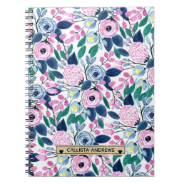 Sweet Pink Navy Flowers Watercolor Gold Monogram Notebook