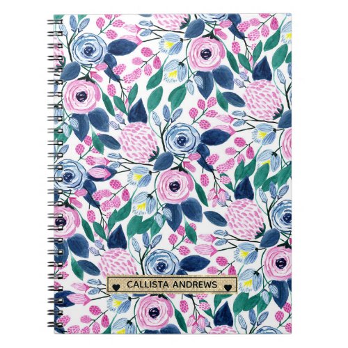 Sweet Pink Navy Flowers Watercolor Gold Monogram Notebook